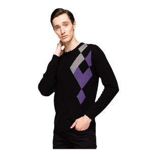 圣雪绒秋冬新款纯羊绒衫男圆领拼色手工嵌花针织套衫