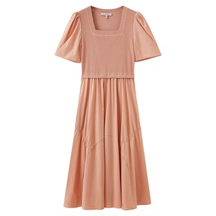 水云间粉色方领短袖连衣裙女欧若风收腰显瘦裙子减龄2025夏季新款