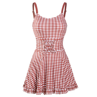 树熊少女 新款时尚ins学生保守格子吊带温泉显瘦连体裙式游泳衣