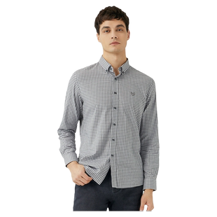波顿2025秋冬季长袖灰白色男士格子衬衫纯棉美式休闲衬衣