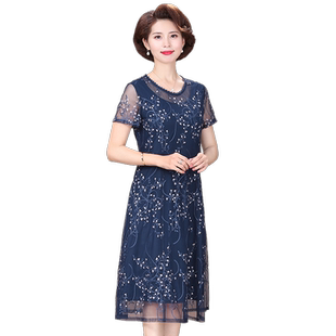 时尚妈妈装夏季连衣裙中老年女装新款洋气质夫人蕾丝刺绣裙子