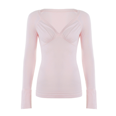 WEEKEEP 纯色基础V领褶皱胸型长袖T恤女百搭休闲修身收腰打底上衣