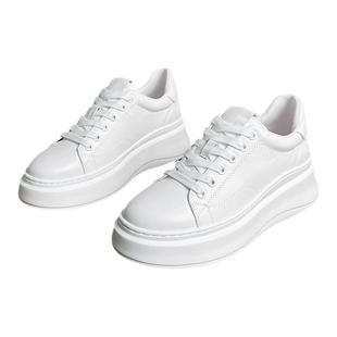 手工~超轻~欧货头层牛皮小白鞋女厚底真皮简约百搭休闲系带松糕鞋