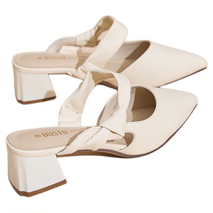 大东穆勒鞋女鞋2025夏季新款时尚简约优雅粗跟中跟套脚尖头X0039