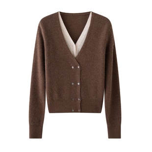 Cashmere~假两件V领针织开衫女2026年显瘦设计感长袖毛衣外套潮