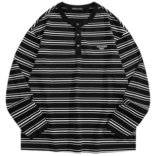 【亨利领】太平鸟男装时尚撞色条纹长袖T恤春新款通勤刺绣打底衫