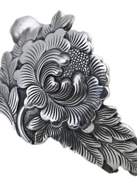 足银手工浮雕复古做旧银手镯女款