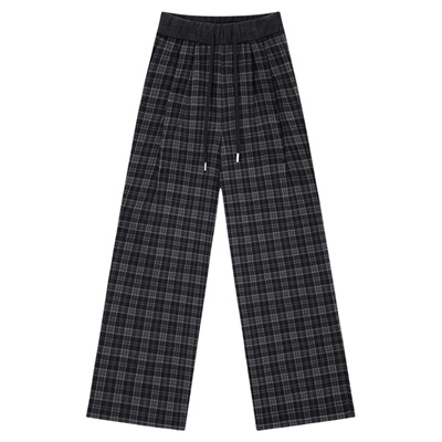 古月高弹抽绳格纹阔腿裤