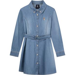 暇步士童装女童牛仔连衣裙大童复古长袖裙春秋新品儿童收腰牛仔裙