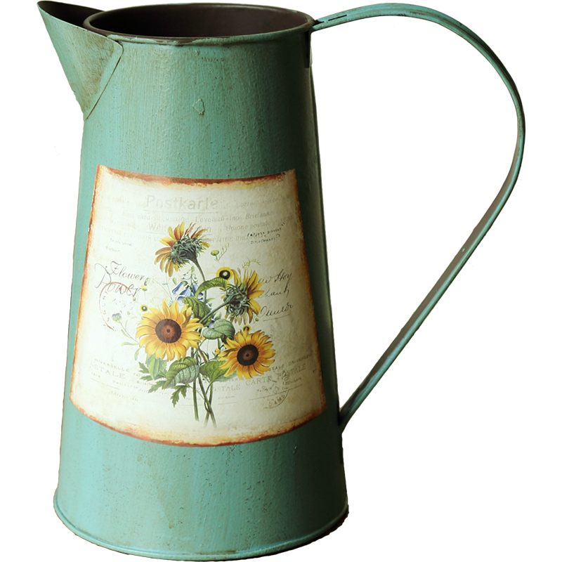 美式乡村风格复古精美铁皮花器仿真花插花铁皮桶手柄花壶家居装饰