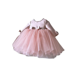 女童周岁礼服粉色蕾丝长袖公主裙小宝宝生日钢琴蝴蝶结儿童蓬蓬纱