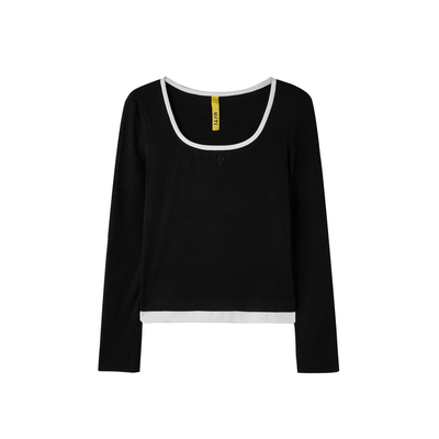 U/TI黑色大U领长袖T恤女装简约撞色正肩休闲上衣尤缇2025秋季新款