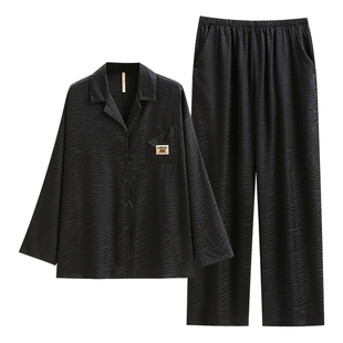 睡衣女春款夏季夏款冰丝绸长袖家居服春秋款薄款仿真丝高级感黑色