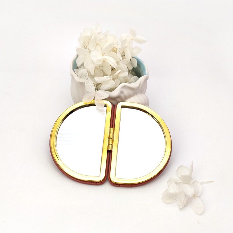 手持PU折叠化妆镜礼品随身印镜子镜定制口袋logologo镜半圆形皮革