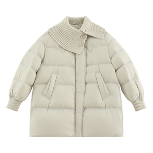 【叠雪】时髦多领型针织拼接亲肤中长款保暖泡芙白鸭绒羽绒服-E22