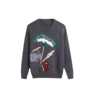 非来不可杨超越明星同款灰色提花针织衫宽松慵懒风圆领毛衣女秋冬