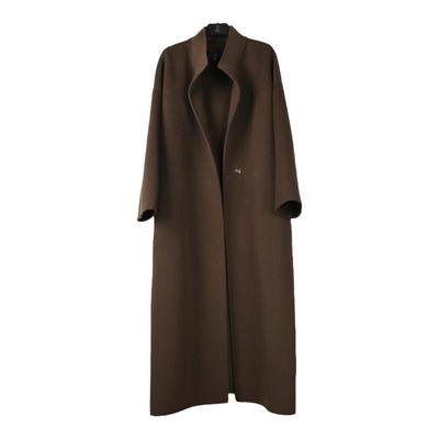 棕色长款立领全羊毛双面呢大衣女