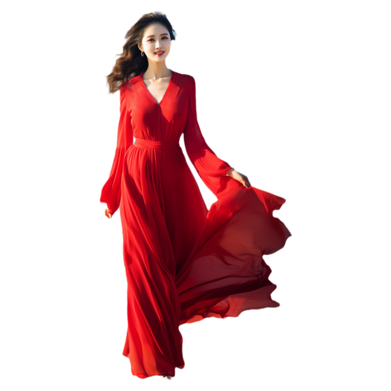 2025红色连衣裙V领修身显瘦超长款大摆裙长裙海边旅游度假沙滩裙