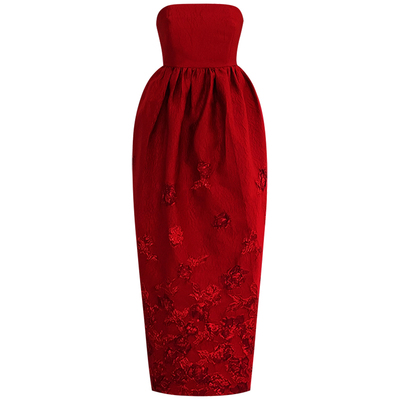 重工红色提花晨袍礼服抹胸裙