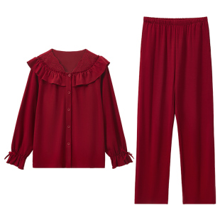 红豆情侣纯棉红色睡衣长袖男女士结婚礼物本命年春秋款家居服套装