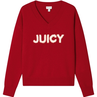 Juicy Couture橘滋针织衫女26秋季新款红色提花宽松V领毛衣上衣