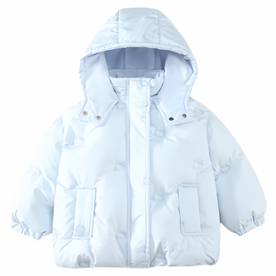 女童蓝色短款羽绒服90cm加厚保暖连帽外套送包包洋气