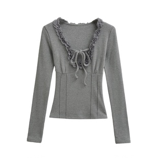 FDR官方店 磨毛蕾丝花边系带长袖t恤女春季辣妹修身显瘦打底上衣