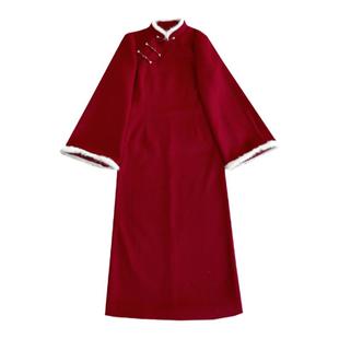 十里七巷 金玉良缘改良长款旗袍中式民国风复古秋冬呢连衣裙