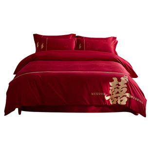 高档提花结婚床上四件套婚庆大红色非纯棉全棉被套新婚房喜被床单