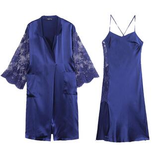 狄兰丝重磅性感真丝睡袍100%桑蚕丝浴袍系带女长款吊带睡裙两件套