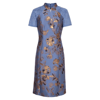 马天奴蓝色提花旗袍礼裙