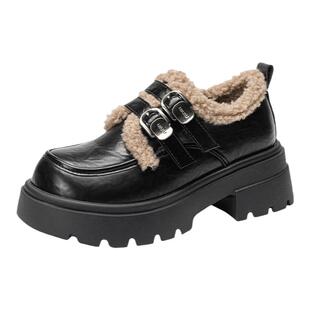 依思q加绒乐福鞋女2025新款秋冬毛毛玛丽珍棉鞋子保暖厚底小皮鞋