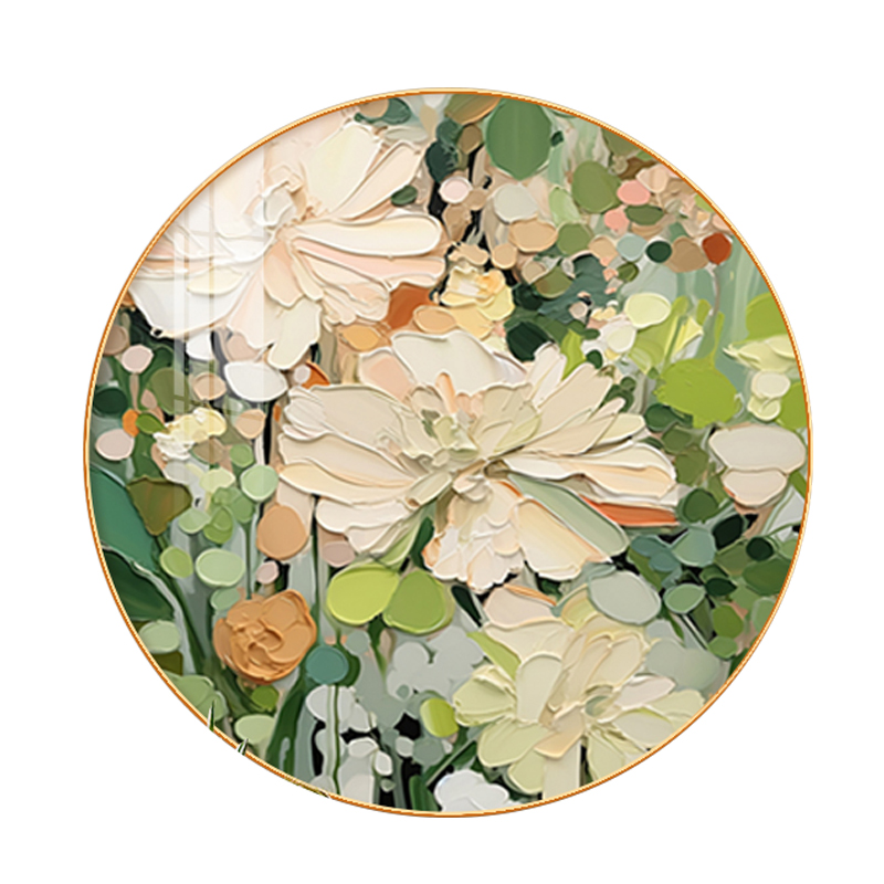 入户玄关装饰画现代轻奢客餐厅圆形壁画奶油风高级肌理感花卉挂画