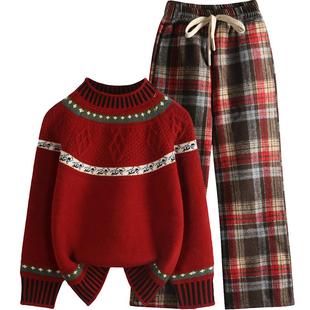 女童拜年服新中式儿童套装红色毛衣加绒裤子两件套新年装冬装新款