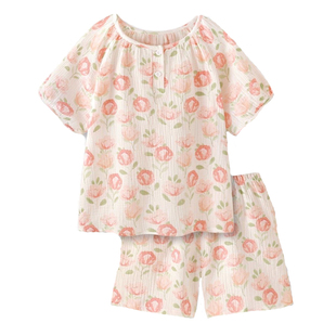 棉纱睡衣女款夏季短袖短裤泡泡棉蔷薇小花家居服透气圆领纱布套装