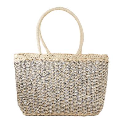 韩系银色编织草编包海边沙滩度假