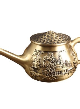 全黄铜山水楼阁长嘴斗笠渔翁茶壶