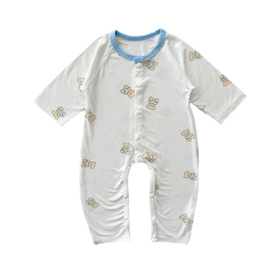 莫代尔婴儿连体衣服夏季薄款开裆长袖睡衣无骨夏天冰丝宝宝空调服