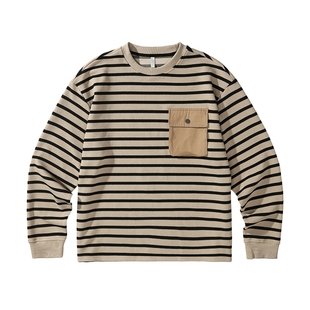 男士条纹长袖t恤男体恤工装卫衣春季大码男装打底衫2026新款上衣