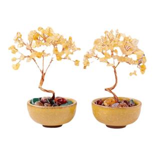 天然黄水晶碎石发财树玛瑙滚石茶盏底座聚宝盆水晶树家居桌面摆件