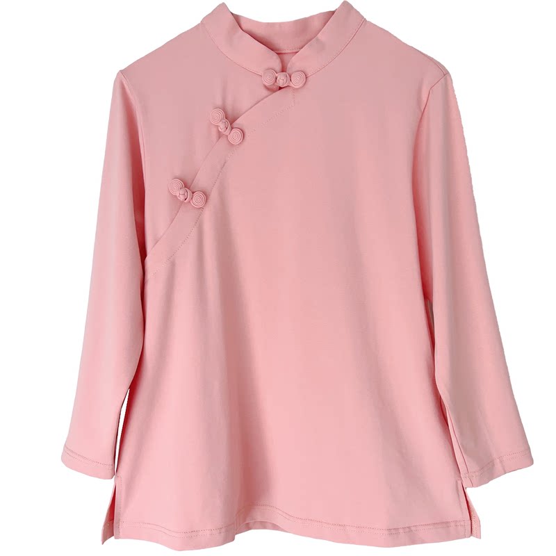 新中式T恤立领盘扣女士春季七分袖打底衫复古茶服女汉服纯棉上衣
