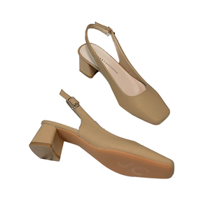 2025新款夏季百搭裸色法式方头高跟鞋一字带粗跟单鞋包头后空凉鞋