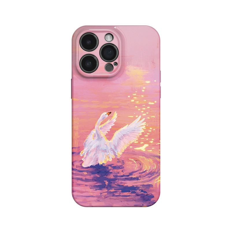粉色余晖~波光天鹅油画适用iPhone16promax手机壳苹果13华为pura70小米14oppo荣耀magic6艺术iqoo13一加ace5