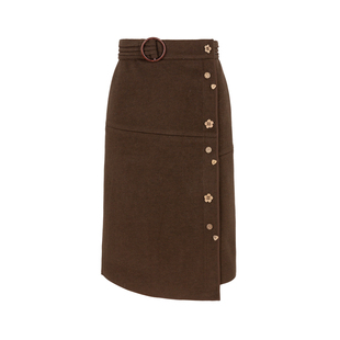 dorydory 复古花朵纽扣半身裙女2025秋冬季新款棕色裙子中长款