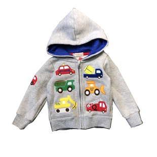 秋季新款男童汽车加绒外套 儿童春秋拉绒面料工程车图案连帽外套