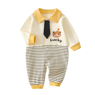 婴儿衣服秋装宝宝连体衣外出服条纹春秋季哈衣超萌假背带卡通爬服