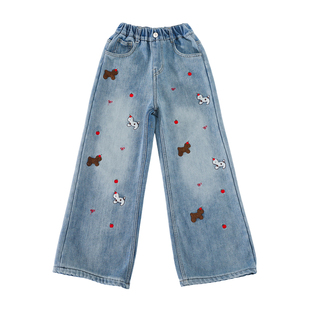 女童加厚绒裤子一体绒2025新款冬季小学生卡通刺绣儿童直筒牛仔裤