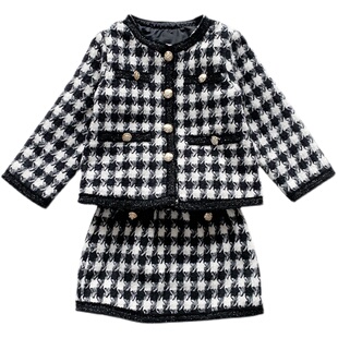 女童格子毛呢细线套装2024春秋装新款小女孩香风外套短裙两件套潮