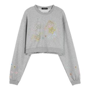 ALazyPig贴纸风印花短款卫衣女秋新品可爱趣味百搭长袖上衣