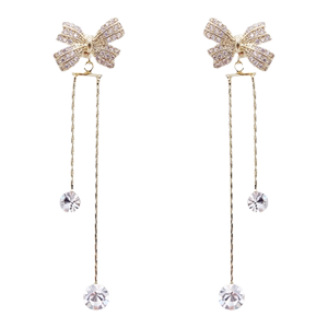 韩国蝴蝶结流苏耳环2025年新款潮高级感水钻耳坠小众设计纯银耳饰